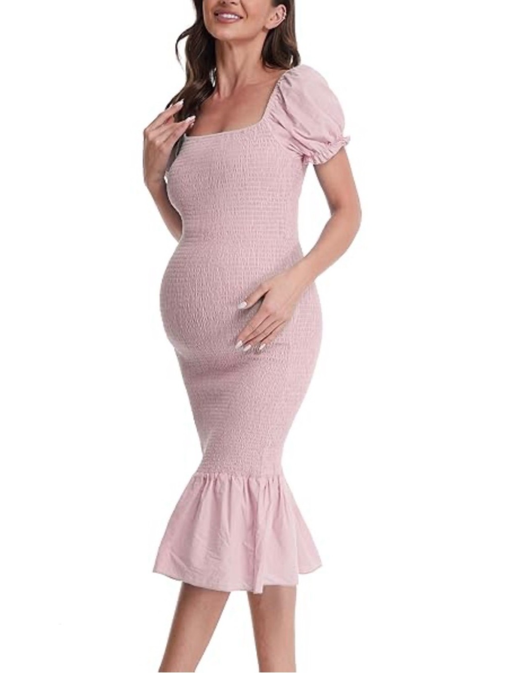 Pretty Garden Smocked Square-Neck Pink Maternity Dress w/ Ruffle Hem Size Large